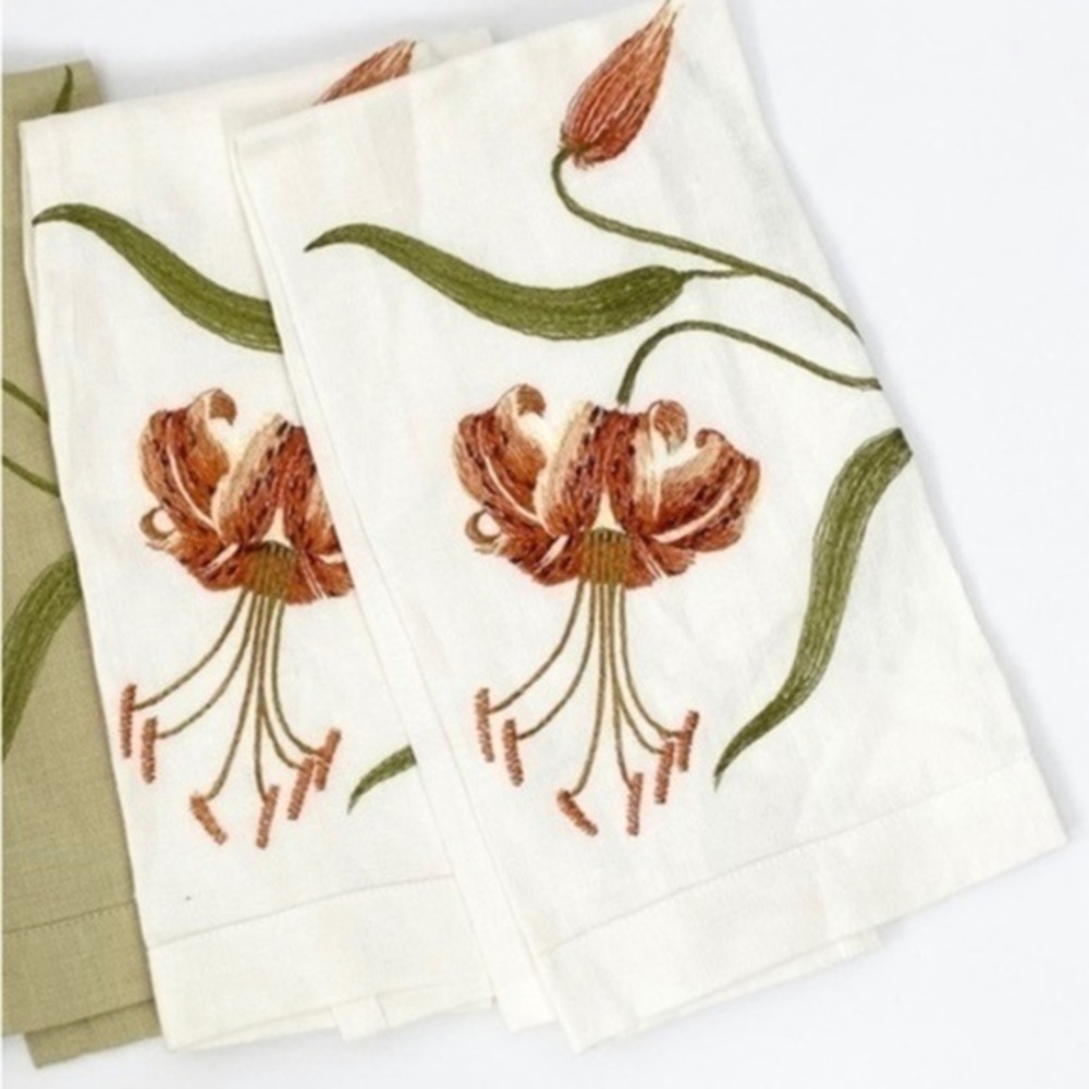 2 Anali Fine Linen Towels embroidered by hand tiger lily flowers floral design